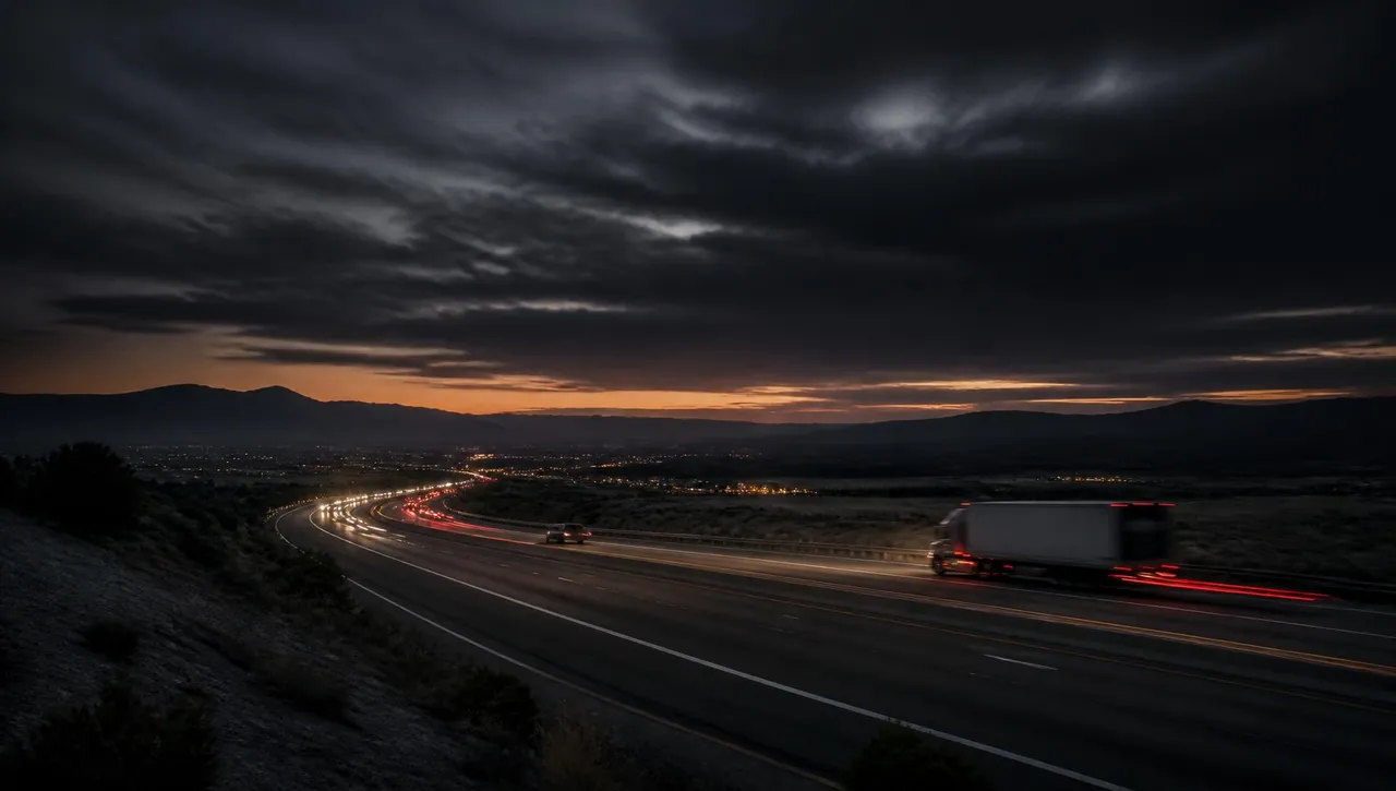 Interstate highway at dusk with truck taillights